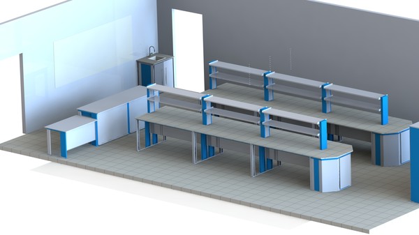 Кабинет физики для практических занятий. Столы лабораторные островные с надстройками.
