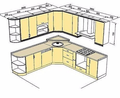 Чертеж угловой кухни с размерами всех шкафов
