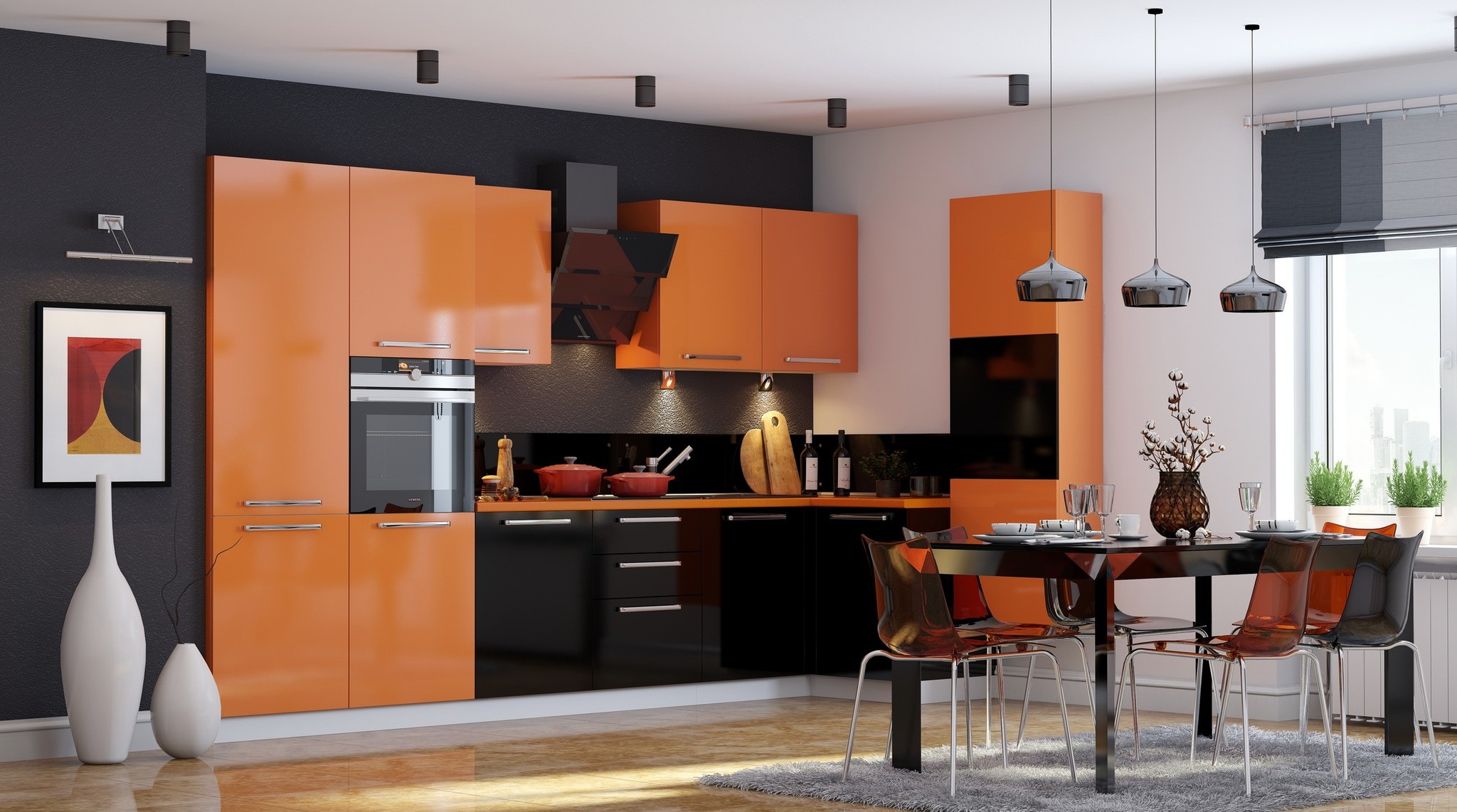 Кухня коричневая с оранжевыми элементами